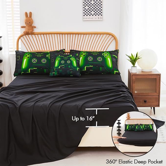 PERFEMET 6 Pcs Full Size Gamer Comforter Set Boys Green Game Console Bedding Set for Kids Teen 3D Black Video Gaming Pattern Bed in A Bag for All Seasons(Green, Full)