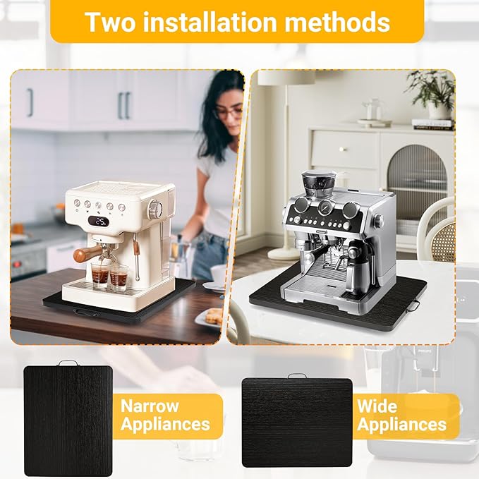 360° Rotatable Sliding Tray for Kitchen Appliances, Wooden Sliding Tray for Coffee Maker, Coffee Pot Slides for Countertop Installation, Easy to Slide (Black, Small)