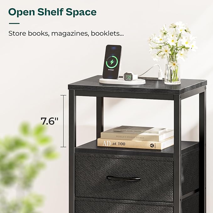 Huuger Nightstand with Charging Station, Side Table with Fabric Drawers, End Table with Open Shelf, Bedside Table with USB Ports and Outlets, Night Stand for Bedroom, Black