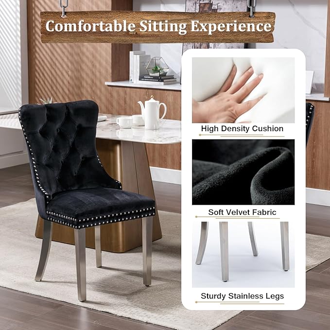 Goujxcy 7 Piece Marble Dining Table Set for 6, Luxury 70" White Marble Silver Kitchen Table with 6 Black Velvet Upholstered Chairs, Modern 6 Person Dining Room Table Set for Kicken Dining Office Room