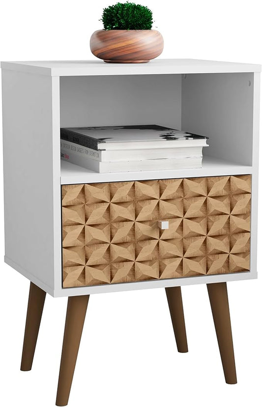 Manhattan Comfort Liberty Mid Century Modern Nightstand with Drawer and Cubby, Bedside Table for Bedroom and Living Room, Night Stand Accent Decor, Easy Assembly, White/Brown