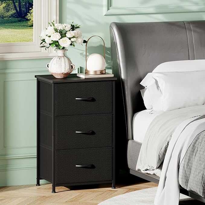Somdot Small Dresser for Bedroom with 3 Drawers, Nightstand Storage Chest of Drawers with Removable Fabric Bins for Closet Bedside Living Room Laundry Entryway Hallway, Black
