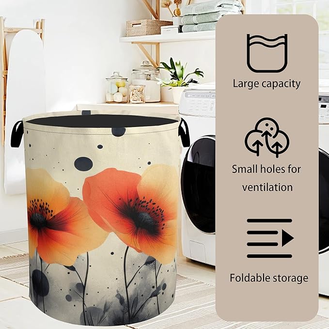 Orange Flowers Painting Laundry Basket - Heavy Duty 60L Dirty Clothes Organizer, Water Resistant Foldable Hamper for Men Women