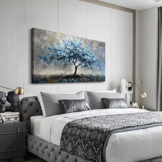 MHARTK66 Farmhouse Wall Art For Living Room Canvas Wall Decor For Bedroom Blue Tree Landscape Wall Pictures Artwork Large Stretched and Framed Canvas Paintings Ready to Hang for Office Home Decor