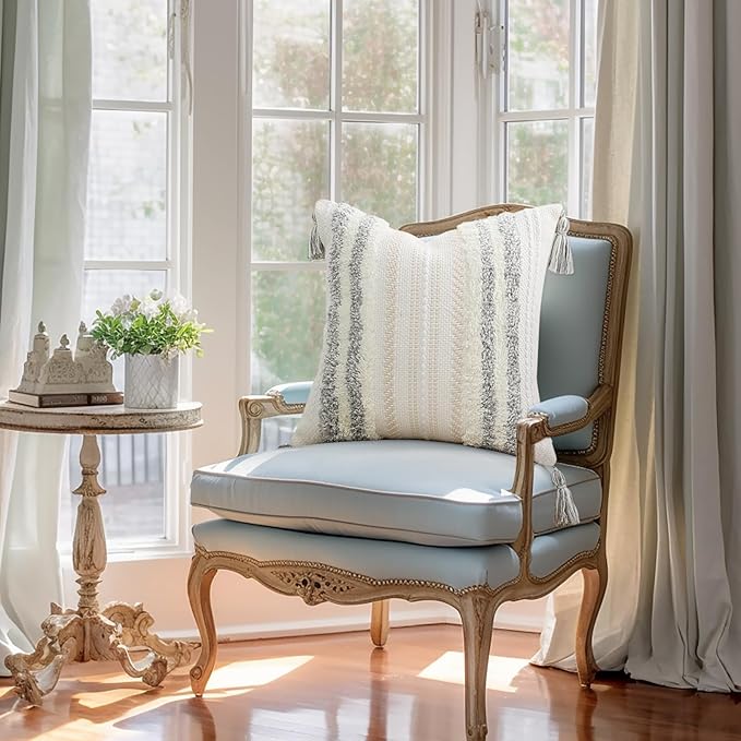 decorUhome Decorative Boho Throw Pillow Cover 18x18, Accent Neutral Textured Tufted Pillow Cover Striped for Couch Bed Sofa, Light Grey and Cream White, Pack of 1