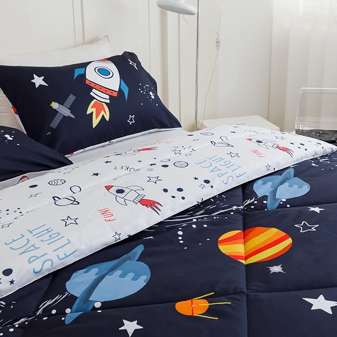 RYNGHIPY Kids Comforter Set, Full Size, Cute Space Rocket Bedding Set for Boys & Girls, Space Themed Teen Boy Bedding