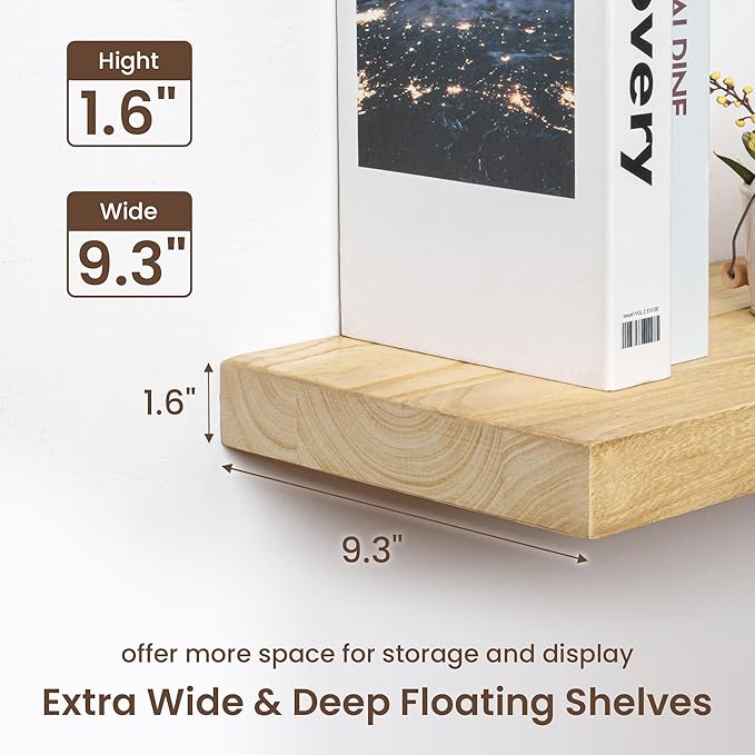fuqing Floating Shelves for Wall - 24 Inch Wood Wall Shelves Set of 2-24 Inch Wide x 9.3 Inch Deep Natural Floating Wood Shelves with Upgraded Metal Brackets for Room