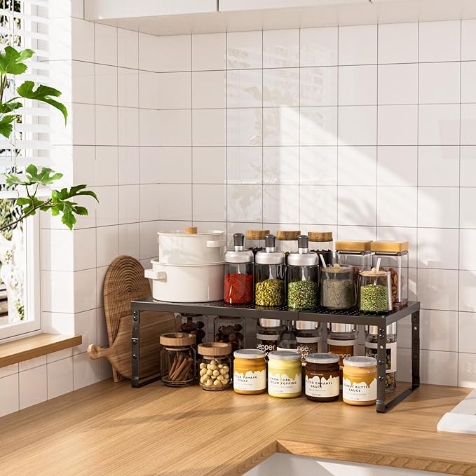 Cabinet Shelf,Expandable Adjustable Stackable Kitchen Organizer,for cabinets, Kitchens, countertops, bathrooms Shelf Organizer(1Pack/Black,Medium)
