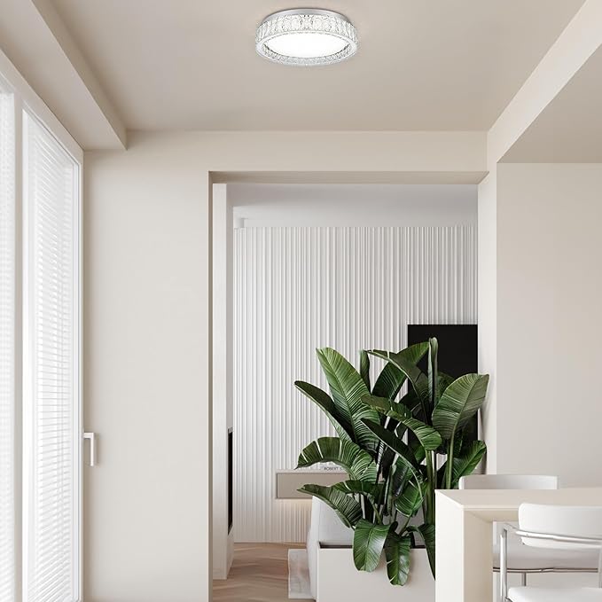 LamQee Crystal Flush Mount Ceiling Light Fixture, Dimmable LED Modern Close to Ceiling Light, Hallway Light Fixtures Round Ceiling Chandelier for Bedroom Kitchen Bathroom Closet Dining Room 13.78 inch
