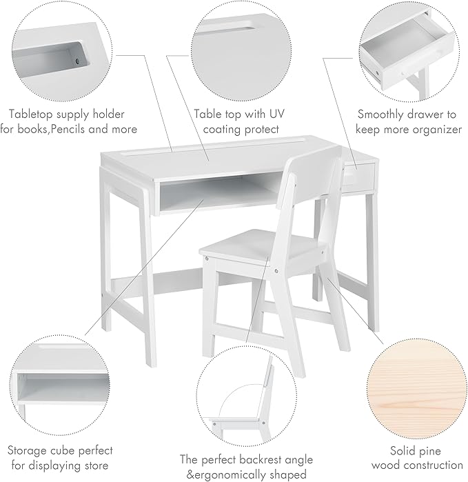 UTEX Kids Desk and Chair Set, Study Desk for Kids with Drawers, Wooden Children Table Set, Student Writing Desk Computer Workstation for Bedroom & Study Room