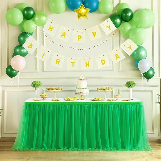 14ft Green Table Skirt Tulle Tutu Table Clothes for Birthday Boy Girl Baby Shower Gender Neutral Graduation, Hawaiian Jungle Luau Themed Party, Animal Safari Theme Party Decorations