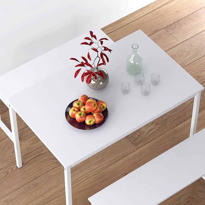 soges 3 PCS Dining Table Set for 4 with 2 Benches, Soho Dining Table and Chairs Set, Industrial Kitchen Table and Chairs Kitchen Breakfast Table Set, Dining Set with Metal Frame, White