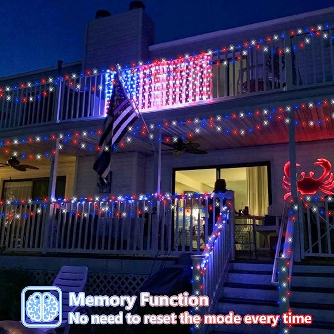 QITONG 500 LED Red White and Blue String Lights, 165ft 4th of July Decorations Lights Plug in Outdoor Indoor, 8 Modes Patriotic Light Green Wire for Independence Memorial Day Decor