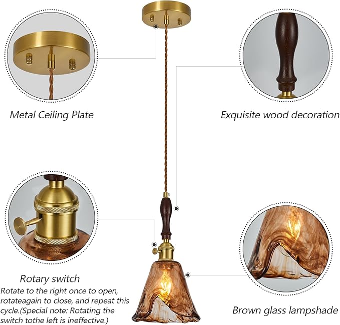 Brown Glass Vintage Pendant Light 6.18" Handmade Glass Pendant Lights Kitchen Island Gold Hanging Light Fixture for Bedroom Dining Room Hotel (3 Pack)
