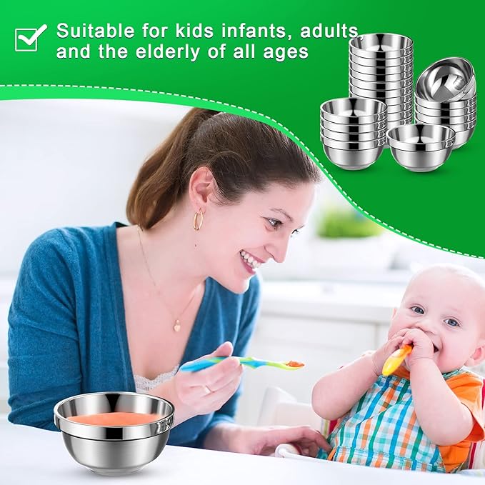 20 Pack 304 Stainless Steel Bowls Set 13oz Metal Double Walled Insulated Snack Mixing Lightweight Multipurpose Toddler Dinner Bowls for Ice Cream, Cereal, Snack