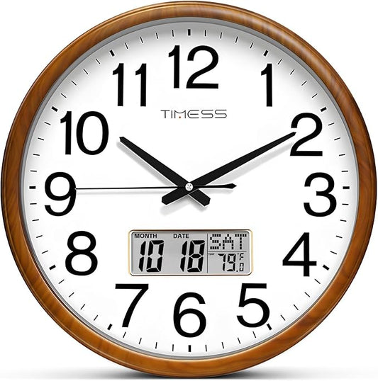 Wall Clock, Classic Wood Style Finish, 16 Inch Non-Ticking Silent Battery Operated Quartz Analog with Perpetual Calendar and F° Temperature Display, Home, Office Décor (Wood Yellow)