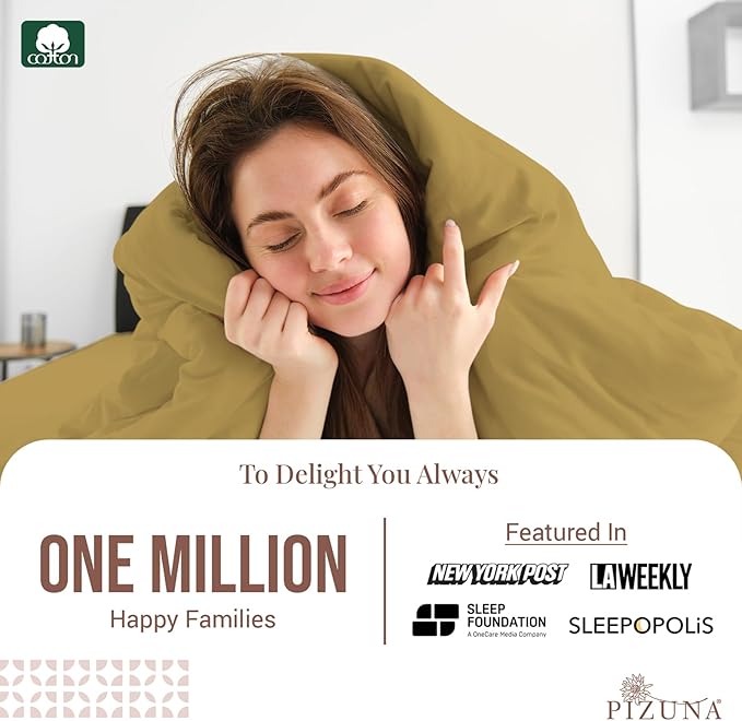 Pizuna Pure 100% Cotton Queen Duvet Cover Set, Luxurious 400 Thread Count Long Staple Cotton Sateen Weave with Button Closure (Combed Mustard Gold Cotton Duvet Cover Queen)