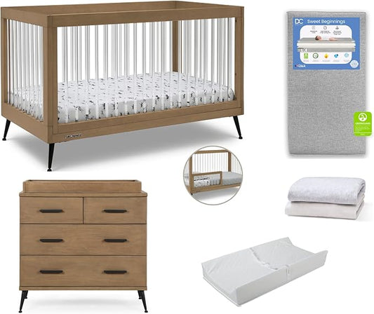 Delta Children Sloane 7-Piece Baby Nursery Furniture SetIncludes: Convertible Crib, Dresser, Changing Top, Crib Mattress, Fitted Sheets, Toddler Guardrail & Changing Pad, Acorn w/Matte Black