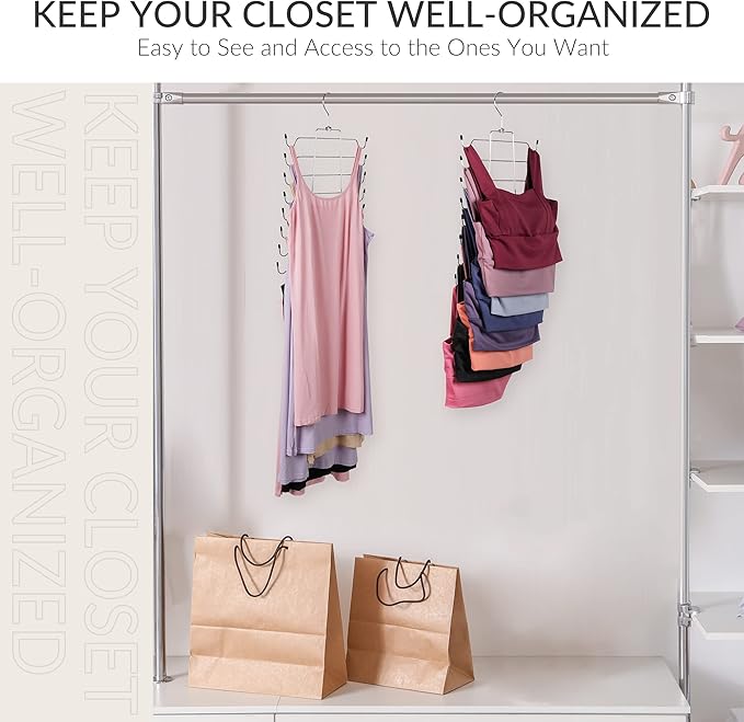 ZEDODIER Tank Top Hanger, 4 Pack Space Saving Bra Hangers, Non-Slip Hanging Sport Bras Holder, Closet Organizers and Storage for Camisoles Tank Tops Bras Ties Swimsuits Strappy Dress, Silver