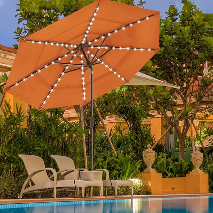 EliteShade USA 10-Year-Non-Fading Solar 9ft 3 Tiers Market Umbrella with 80 LED Lights Patio Umbrellas Outdoor Table with Ventilation,Rust