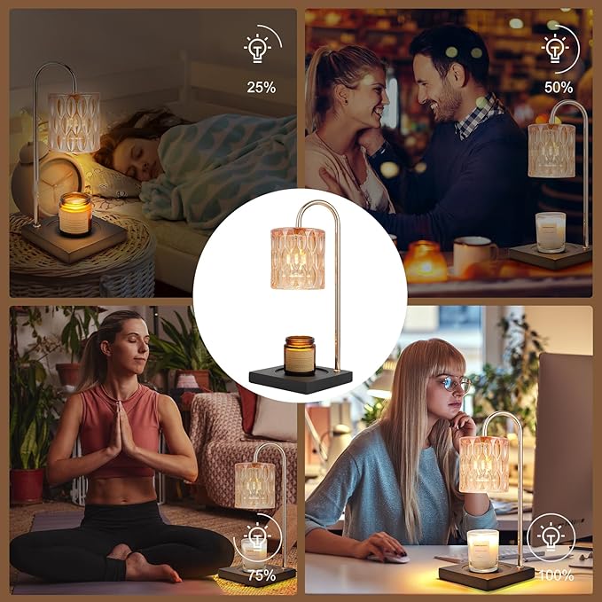 Dimmable Candle Warmer with Timer for Jar Candles, Glass Nightstand Lamp (2 Wax Warmer Bulbs)