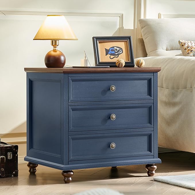 Farmhouse Nightstand with Charging Station, 24" Wide End Table with 3 Drawers,Blue Wood Dresser for Bedroom, Bed Side Table Chest of Drawers Cabinet,Night Stand for Living Room, Closet