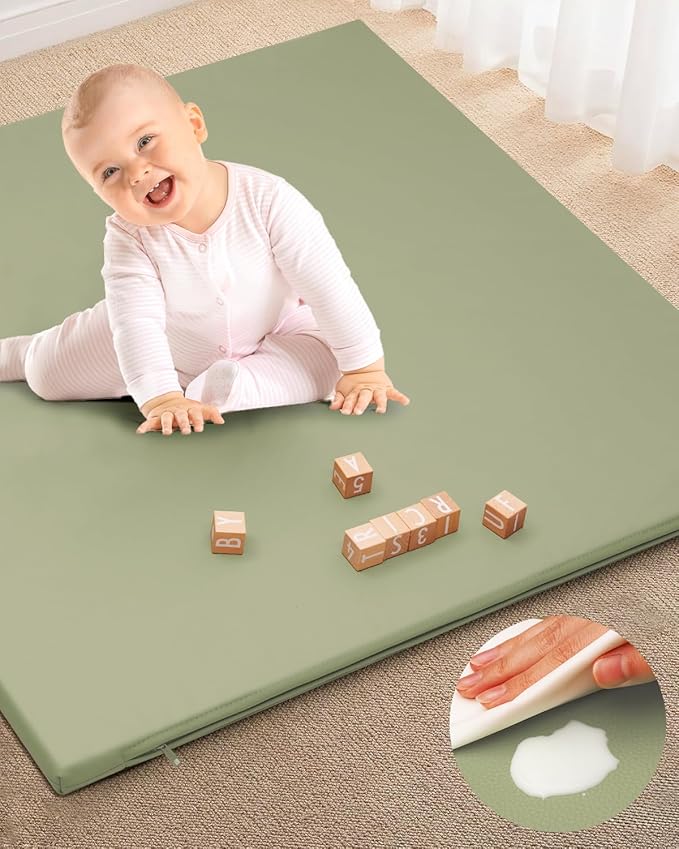Lansber：1.2" Padded Baby Play Mat 50x50 Playpen Mat- Extra Thick Double-Sided Waterproof Vegan Leather for Infants and Toddlers, Soft and Easy-to-Clean Floor Mat for Crawling & Play