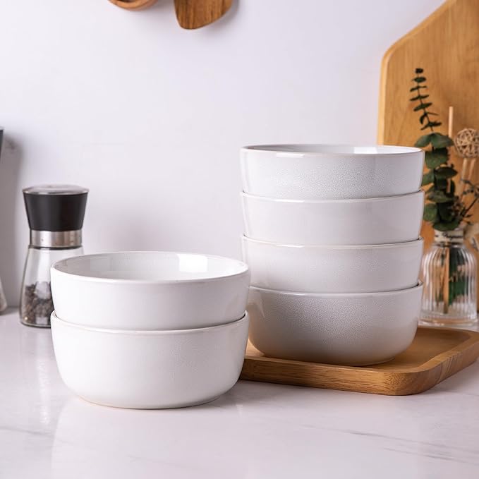 AmorArc Cereal Bowls Set of 6 for Kitchen, 26oz Stoneware Soup Bowls Set for Cereal,Soup, Modern Kitchen Bowls for Meal, Dishwasher &Microwave Safe, Reactive White