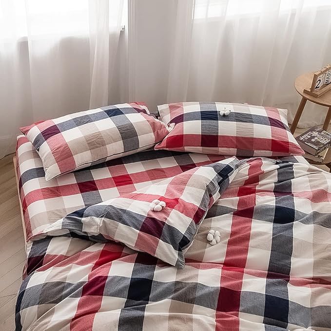 FACE TWO FACE Bedding Duvet Cover Set100% Washed Cotton Duvet Cover Linen Like Textured Breathable Durable Soft Comfy (California King, Blue red Grid)