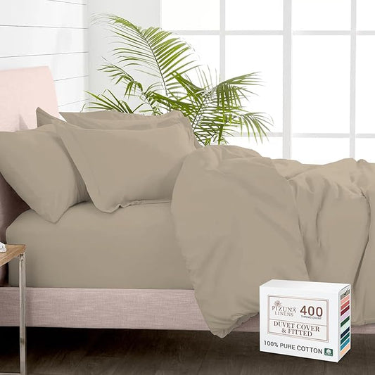 Pizuna 100% Cotton Full 3 Pc Duvet Cover + 1 Pc Fitted Sheet Set 400 Thread Count Simply Taupe Sateen Weave Luxurious Long Staple Cotton 4 Piece Bedding Set-1 Duvet Cover,2 Pillow Shams,1 Fitted Sheet