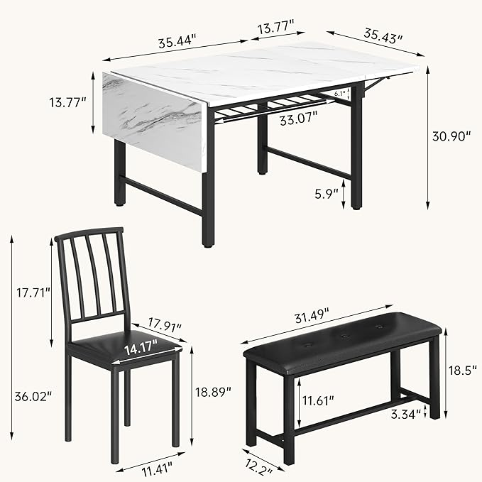 Lamerge 4-Piece Dining Table Set for 3-6 People, 63" Extendable Kitchen Table Set with 1 Bench and 2 Backrest Chairs, Faux Marble Table Square Dining Table Set with Drop Leaf for Small Space