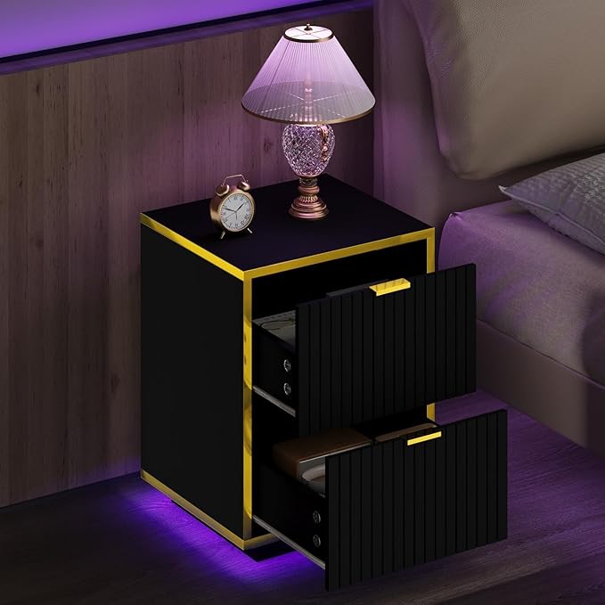 Black Nightstand Set of 2 with LED Lights, Bedside Table with 2 Fluted Drawers, Modern End Table with Golden Handles, 18 Inch Night Stand with Storage for Bedroom, Set of 2, Black and Gold