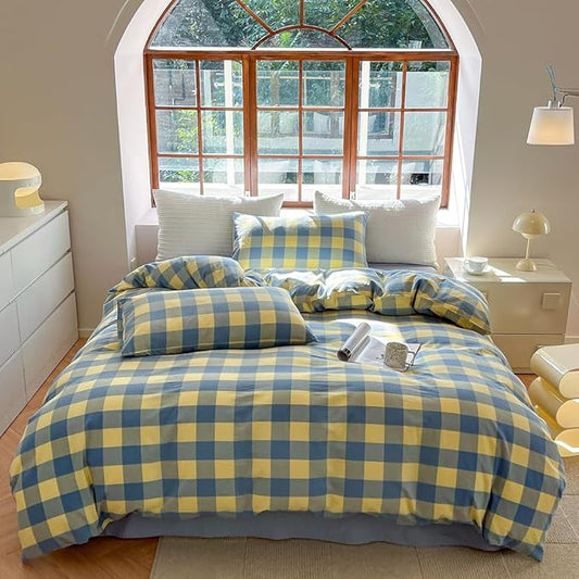FACE TWO FACE Bedding Duvet Cover Set100% Washed Cotton Duvet Cover Linen Like Textured Breathable Durable Soft Comfy (Full, Blue Yellow Grid)