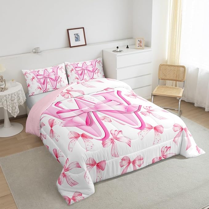 jejeloiu Kids Girls Cute Pink Bow Comforter Set Queen Size Monogrammed Bedding Set Ultra Soft Personalized Initial W Duvet Quilt Coquette Bow Knot Quilt Set Room Decor Modern Fashion Comforter