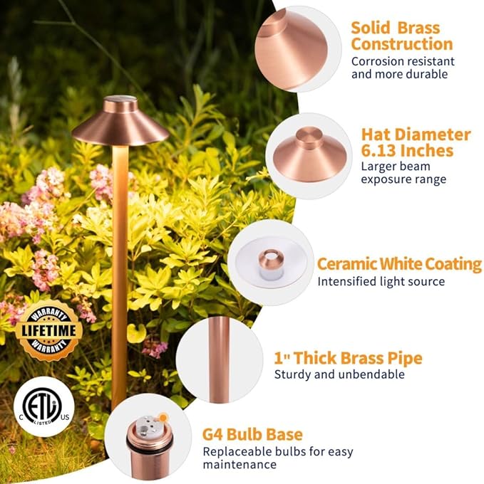 Brass Landscape Lights Pathway Light(Hat), 12V Low Voltage Copper Sideway Lamp Outdoor Waterproof LED for Patio Walkway Driveway Garden Yard with 3W 2700K G4 Bulb(8 Pack)