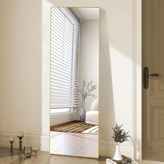 OLIXIS Full Length Mirror 64"x21" for Bedroom, Full Body Mirror with Stand, Hanging or Leaning for Wall, Aluminum Alloy Thin Frame Floor Standing for Living Room, Long, Gold