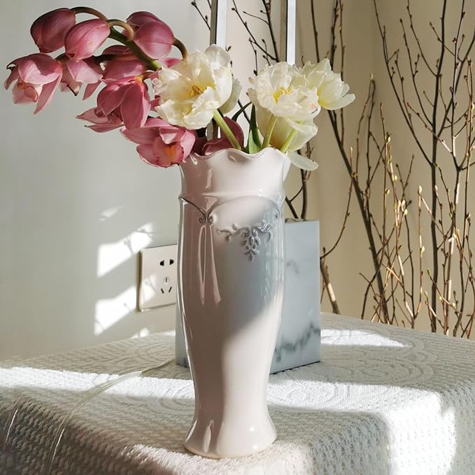 hjn White Vase for Flowers, Ceramic vase for Home Decor French Rustic Vase for Kitchen/Table/Living Room/Shelf/Mantel/Office-Height-11.6"