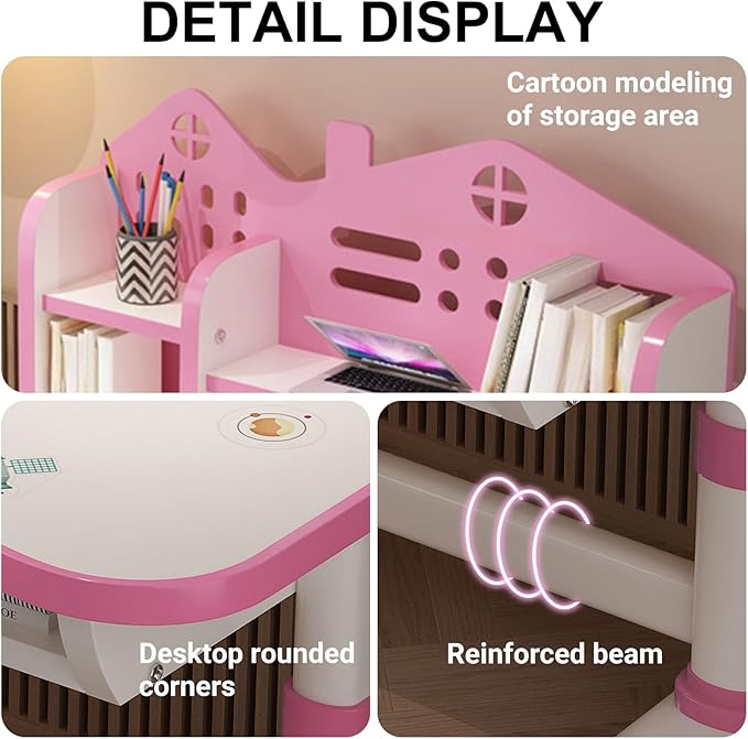 Kids Adjustable Study Desk & Chair Set w/ Storage,Drawers,Bookshelf,Child Toddler Writing Homework Table,Little Girl Work Computer Desk,Princess Preschool Table,Escritorio Mesas Para Niña (Pink B)
