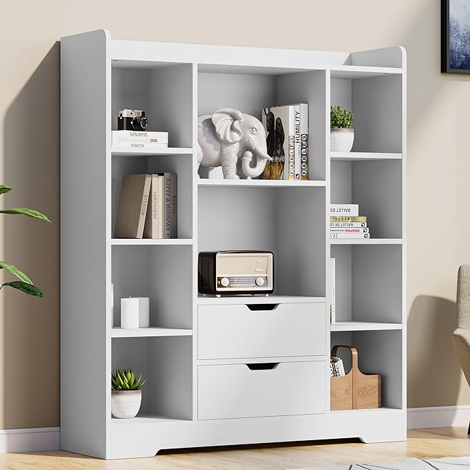 Cozy Castle Kids Bookshelf with Storage, Toy Storage Organizer with 2 Drawers and 10 Cubes 4-Tier Bookcase for Bedroom, Playroom, Hallway, Living Room(White)
