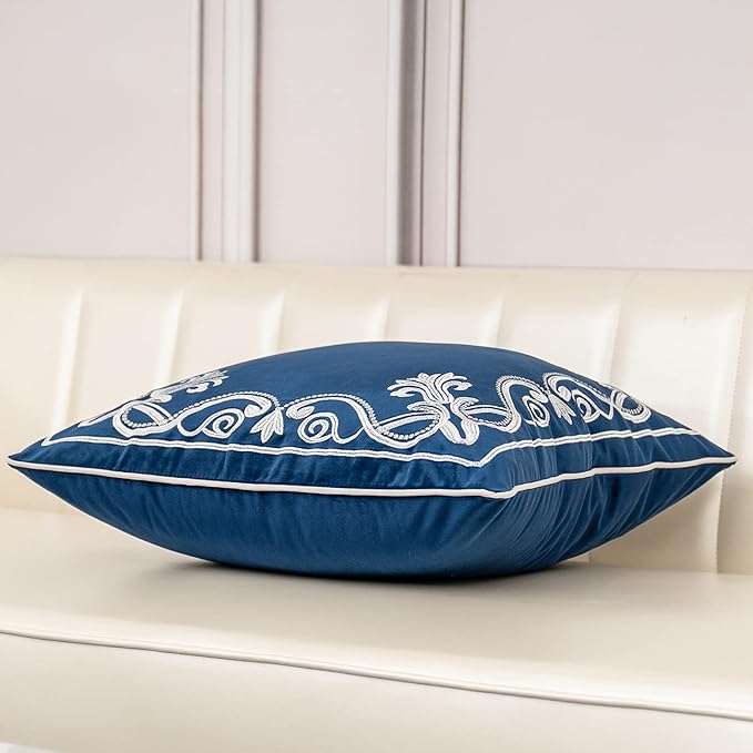 Aeckself European Floral Pillow Cover 16x16 Inch, Luxury Velvet Embroidered Decorative Throw Pillow Cover for Couch Bedroom Living Room, Navy Blue and White