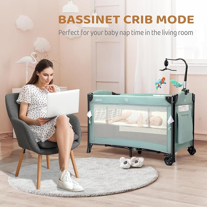 JOYMOR Baby Bassinet, Pack and Play with Bassinet and Carry Bag, Convert to Bedside Sleeper with Toy, Wheels for Boys Girls (Green)