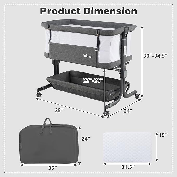 INFANS 3 in 1 Baby Bassinet, Bedside Sleeper with Comfy Mattress, Wheels, 6 Height Adjustable, Storage Basket, Travel Bag, Portable All Mesh Crib for Newborn Infant (Dark Grey)