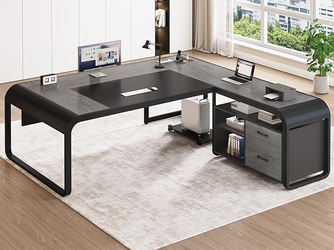 SEDETA 63 Inch Executive Desk, L Shaped Desk with Drawers, Large Office Desk with File Drawer, Computer Desk with Mobile CPU Stand, Storage Shelves, Power Outlets for Home Office, Gray