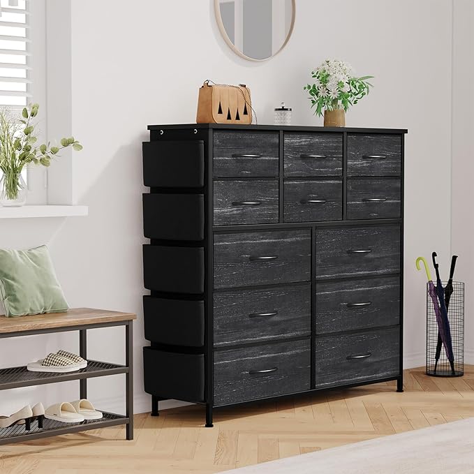 Dresser for Bedroom with 12 Drawers, Tall Dresser Chest of Drawers with 5 Side Pockets and Hooks, Wooden Top Fabric Dresser Storage Tower for Closet, Hallway, Living Room, Black