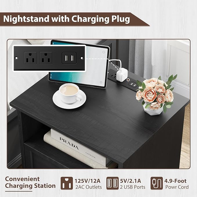 Set of 2 Farmhouse Nightstands with Charging Station, Black End Tables with 2 Drawers Storage, Space-Saving Wood Storage Cabinets with Unique Base Design, Bedside Tables for Bedroom, Living Room