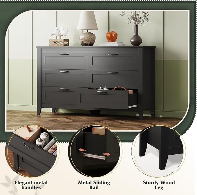 WLIVE Black Dresser for Bedroom, 6 Drawer Wood Dresser with Metal Handle, Large Double Wooden Chest of Drawers for Living Room, Hallway, Closet