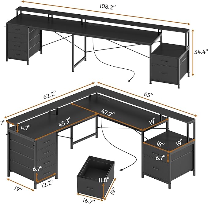 SEDETA L Shaped Desk with 6 Drawer, 108" Home Office Desk with File Drawer & Power Outlet, Corner Computer Desk with Monitor Shelf, File Cabinet, Two Person Desk, Gaming Desk with Led Lights, Black