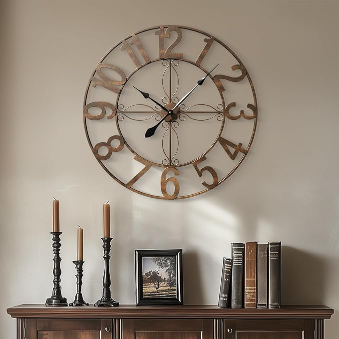 30 Inch Wall Clock, Large Decorative Wall Clock for Living Room, Silent Non-Ticking Battery Operated Metal Round Retro Rustic Arabic Numerals Analog Bronze Clock for Kitchen Mantel Office
