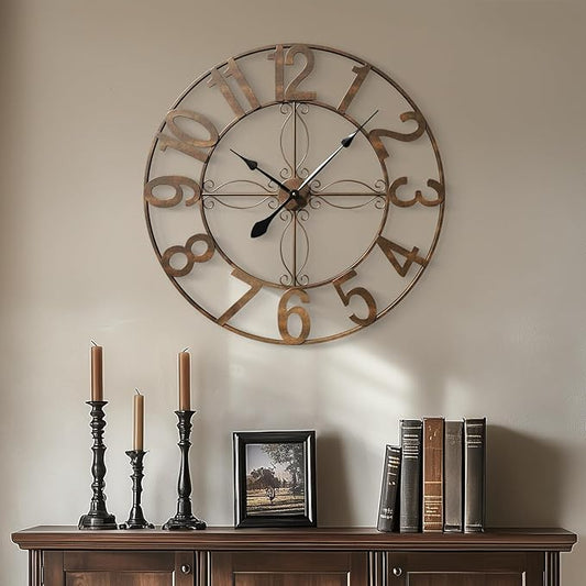 30 Inch Wall Clock, Large Decorative Wall Clock for Living Room, Silent Non-Ticking Battery Operated Metal Round Retro Rustic Arabic Numerals Analog Bronze Clock for Kitchen Mantel Office