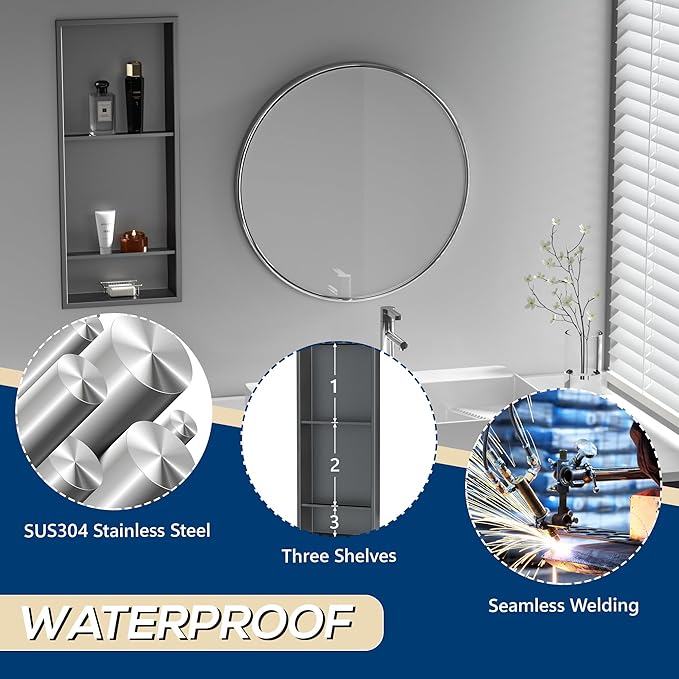 Stainless Steel Shower Niche 12" X 29", No Tile Needed Wall Niche Three-Tier, Recessed Shower Shelf for Bathroom Storage, Gun Metal